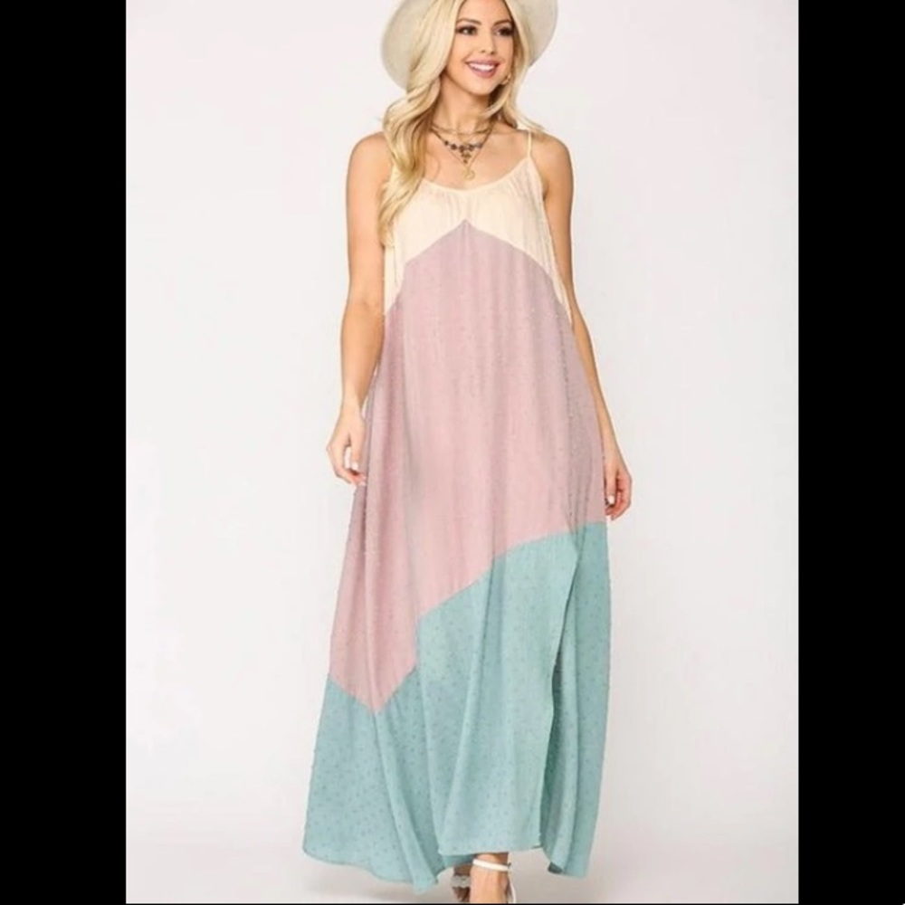 Grigio Summer Colorblock Maxi Dress - Lt. Mauve/dusty mint size Large